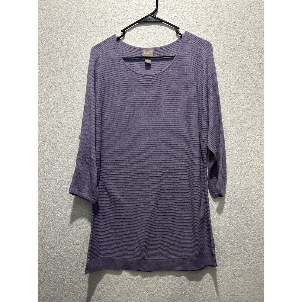 Chico’s 2 large Tunic Sweater Purple Soft Warm cashmere blend Ribbed 3/4 Sleeve